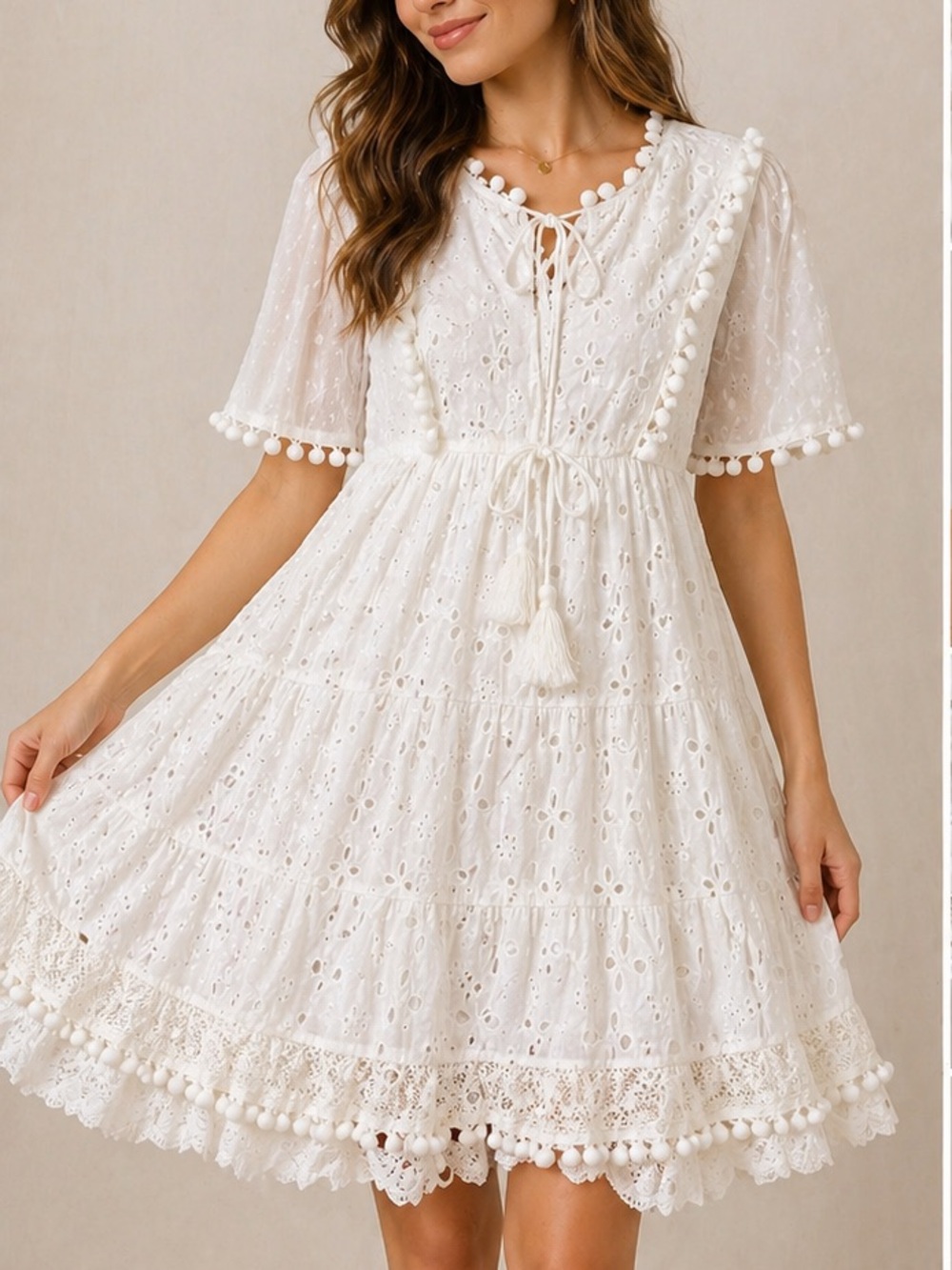 SVS White Eyelet Boho Mini Dress with Tassel Tie